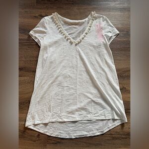 Lilly Pulitzer White V-Neck Tee with Pom-Pom Detail